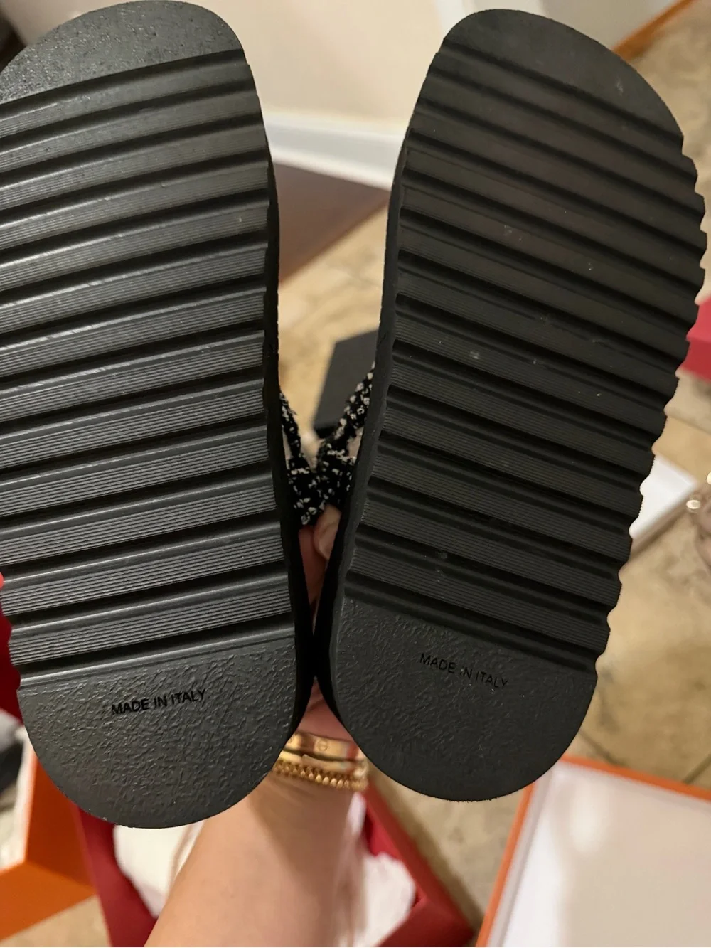 CHANEL Black & White Tweed Quilted Strap Sandals